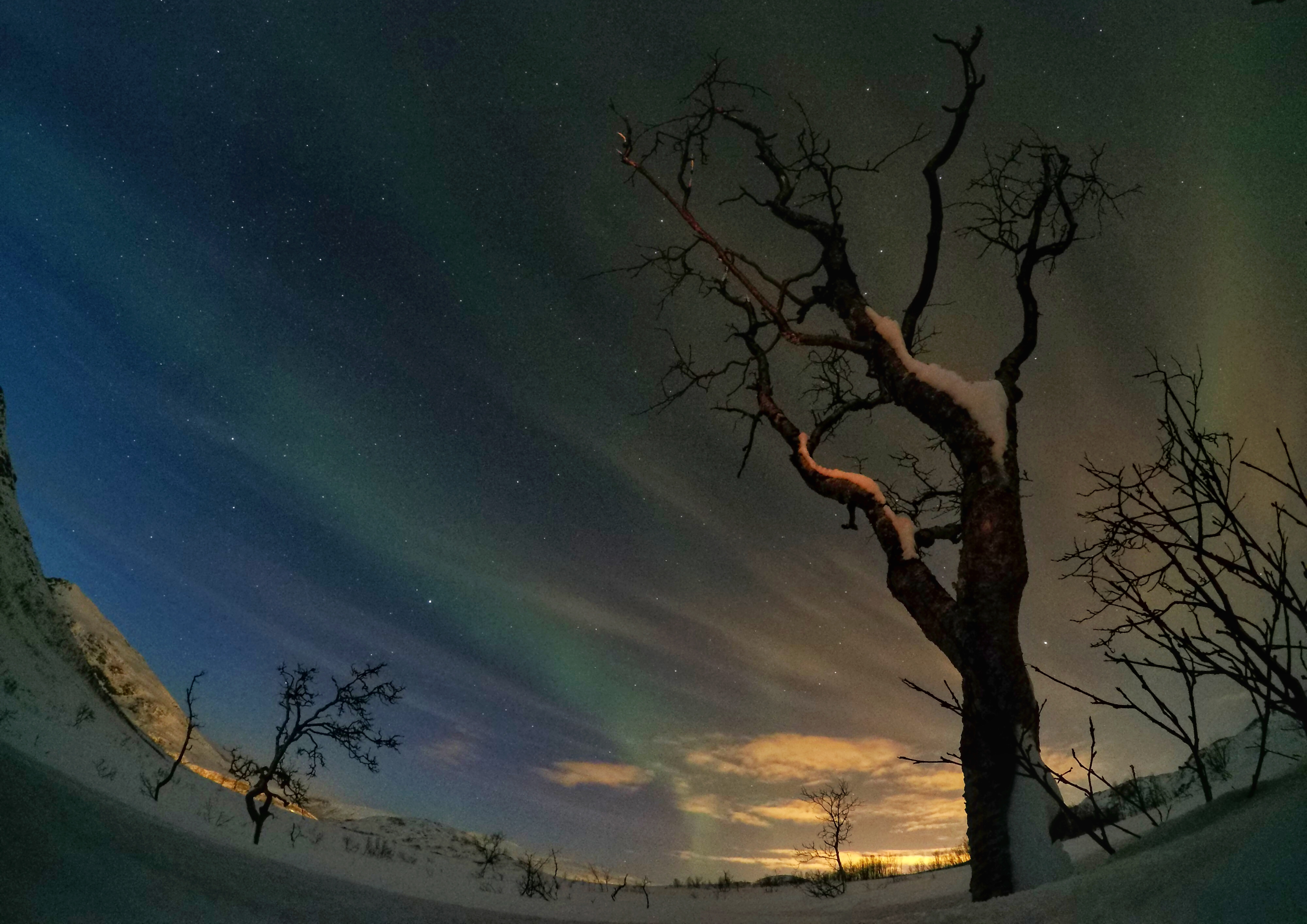 Luzes da aurora boreal começam a surgir antes do sol se pôr