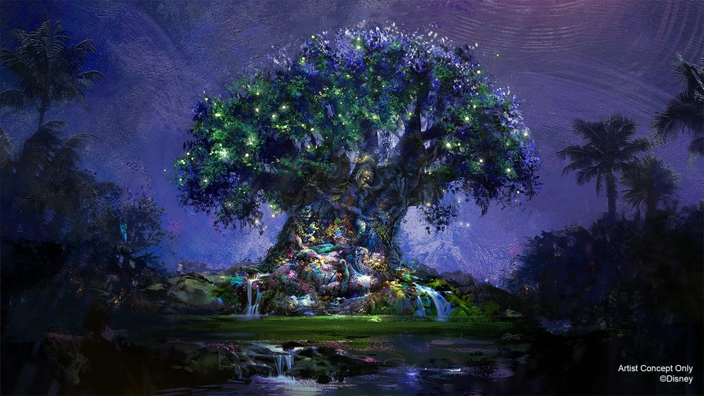 Arte-conceito da Árvore da Vida com pontos de luz colorida.