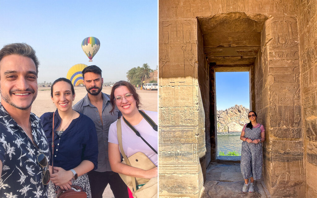 Duas fotos lado a lado. À esquerda, foto em grupo com balões ao fundo e Rachel usa camisa azul de linho com manga comprida por cima de macaquinho azul com estampa florida branca. À direita, Rachel em porta do Templo de Philae, com camiseta rosa por baixo de macaquinho azul com estampa florida branca.