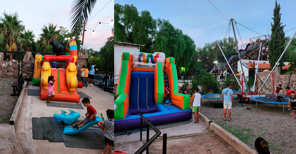 Parque Alfombra Mágika em Mendoza, Argentina com brinquedos infláveis e escorregador gigante.